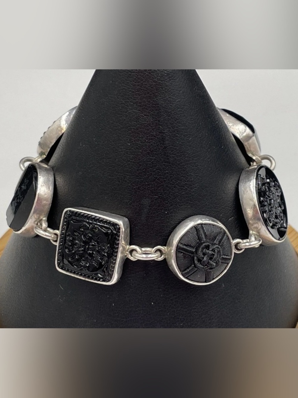Simon Sebbag SSD Rare Sterling Silver Black Resin Button Link Bracelet 7.25"